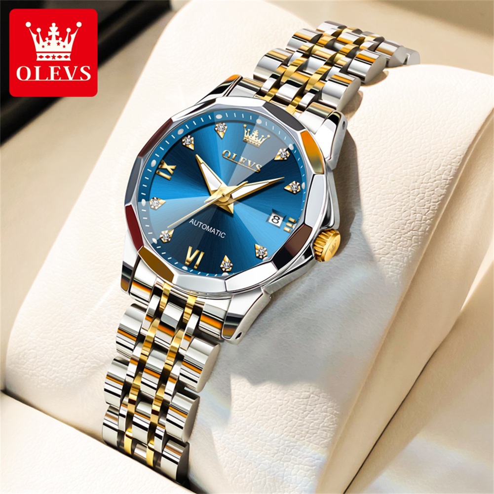 Anti-Magnetic Watch - OLEVS 9982 นาฬิกาผู้หญิงประกายเพชรเปล่งประกายระยิบระยับนาฬิกาข้อมือกลไกอัตโนมัติของแท้สำหรับสุภาพสตรีกันน้ำ