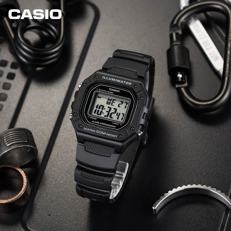 Vintage Digital Watch - คาสิโอ W-218H-1A ของแท้นาฬิกาสปอร์ตดิจิตอลสำหรับผู้ชายกันน้ำมัลติฟังก์ชั่โครโนกราฟนาฬิกาข้อมือลำลองวันวาเลนไทน์