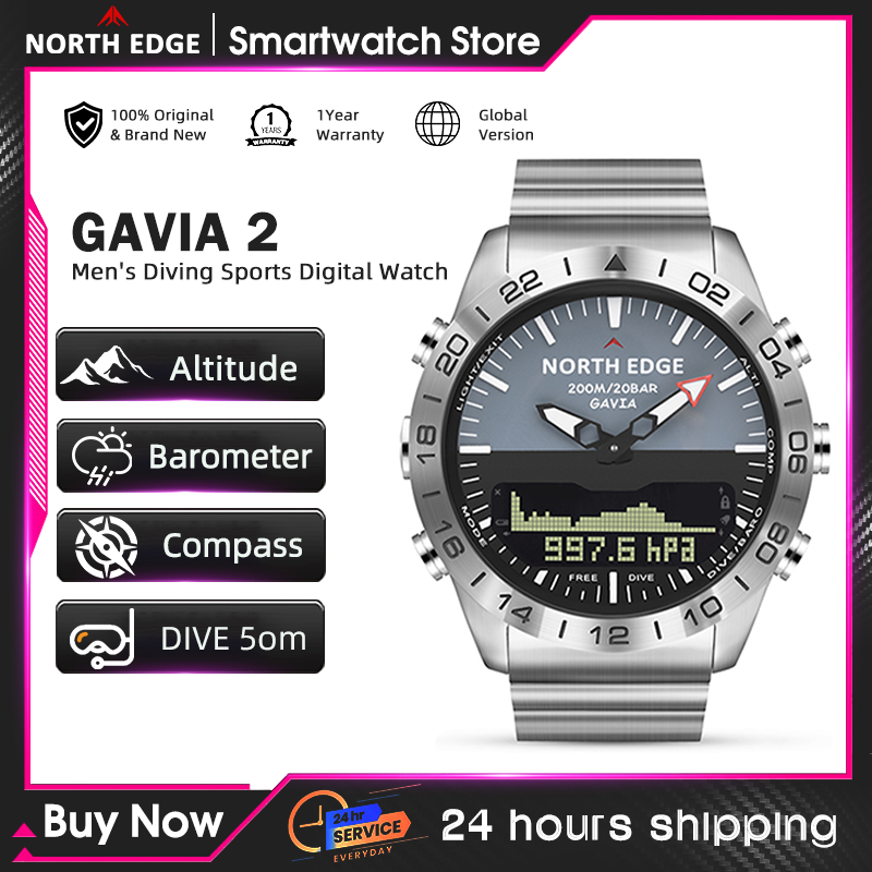 Altimeter Compass Watch - NORTH EDGE นาฬิกาดำน้ำสำหรับผู้ชาย ทหาร หรูหรา นาฬิกาสมาร์ทวอทช์เหล็กเต็มรูปแบบ