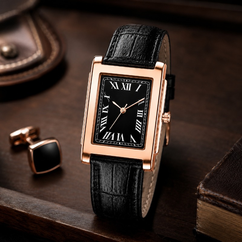 Watches Not Smartwatch - นาฬิกาข้อมือผู้ชายสไตล์คลาสสิก หน้าปัดทรงสี่เหลี่ยมพร้อมตัวเลขโรมัน สายหนัง ระบบควอตซ์ ดีไซน์หรูหรา เหมาะสำหรับการแต่งกายที่ดูสง่างาม