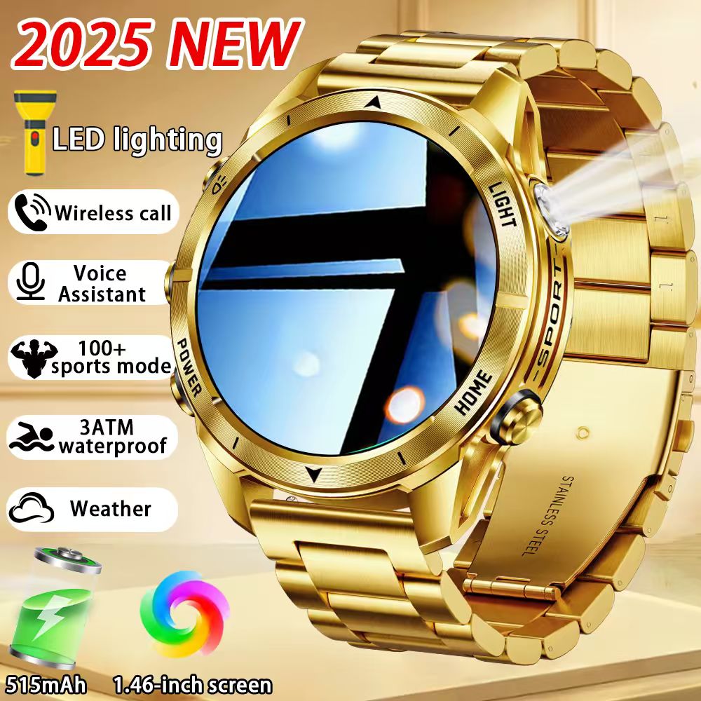 Smartwatch New Watches 2025 - นาฬิกาสมาร์ทวอทช์กีฬากลางแจ้งรุ่นใหม่สำหรับผู้ชาย หน้าจอ IPS 1.46 นิ้ว ไฟฉาย