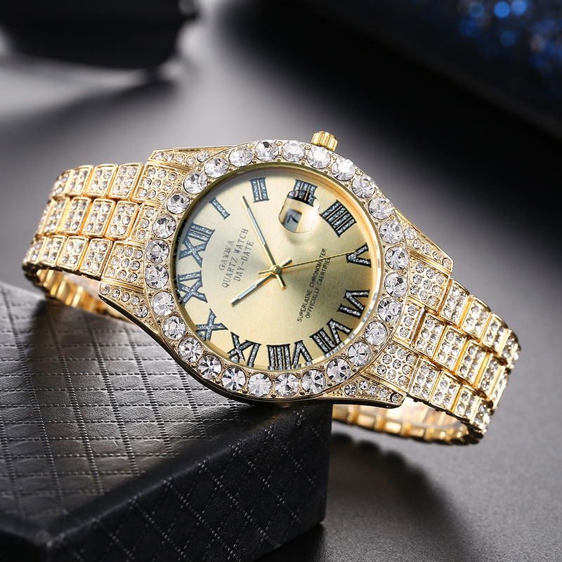 Smartwatch Casual Watches For Men - นาฬิกาควอตซ์ผู้ชาย สายเหล็กหรูหรา ประดับเพชรเต็มหน้าปัดลายท้องฟ้าเต็มดาว นาฬิกาข้อมือธุรกิจระดับไฮเอนด์ พร้อมตัวเลขโรมันและปฏิทิน